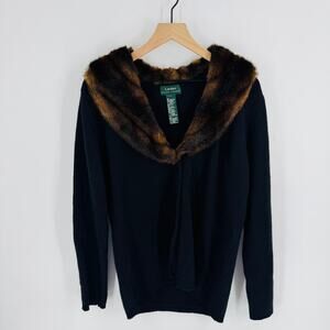 Lauren Ralph Lauren Black Merino Cashmere Angora Cardigan Faux Fur Collar Size L